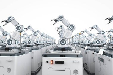 3d rendering amount of portable robotic arms with station module in factory