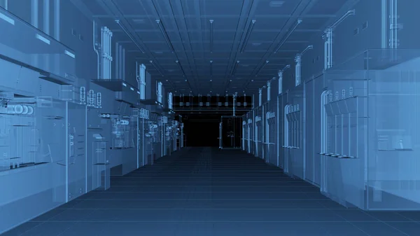 Rendering Blue Transparent Futuristic Semiconductor Manufacturing Factory Laboratory Interior Machine — Stockfoto