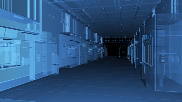 3d rendering blue transparent futuristic semiconductor manufacturing factory or laboratory interior with machine and computer screen