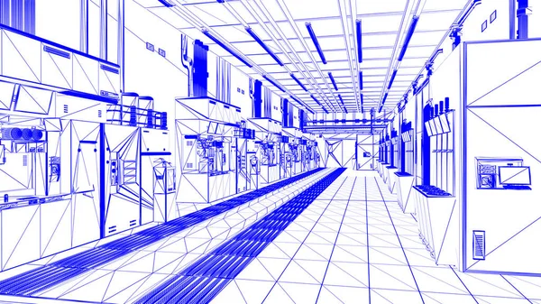 3d rendering blueprint of futuristic semiconductor manufacturing factory or laboratory interior with machine and computer screen