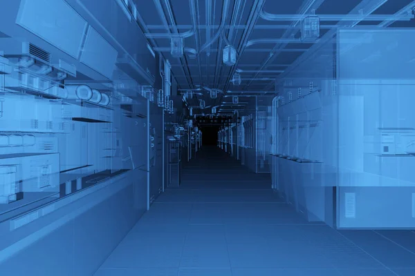 3DレンダリングX線青未来的な半導体製造工場や機械とコンピュータ画面と研究室の内部 — ストック写真