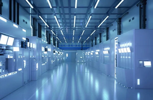 3d rendering blue futuristic semiconductor manufacturing factory or laboratory interior with machine and computer screen