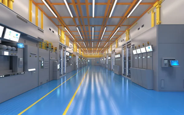 Rendering White Futuristic Semiconductor Manufacturing Factory Laboratory Interior Machine Computer — Foto Stock