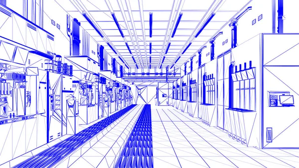 3d rendering blueprint of futuristic semiconductor manufacturing factory or laboratory interior with machine and computer screen