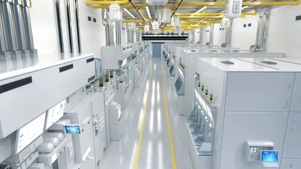 Rendering White Futuristic Semiconductor Manufacturing Factory Laboratory Interior Machine Computer — Stok fotoğraf
