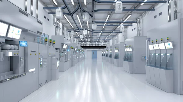 Rendering White Futuristic Semiconductor Manufacturing Factory Laboratory Interior Machine Computer — Foto Stock