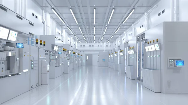 Rendering White Futuristic Semiconductor Manufacturing Factory Laboratory Interior Machine Computer — Stok fotoğraf