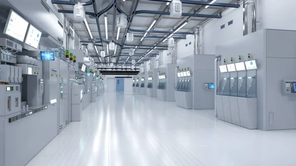 Rendering White Futuristic Semiconductor Manufacturing Factory Laboratory Interior Machine Computer — Stockfoto