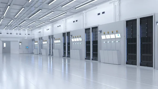 3d rendering white futuristic semiconductor manufacturing factory with machine and computer screen