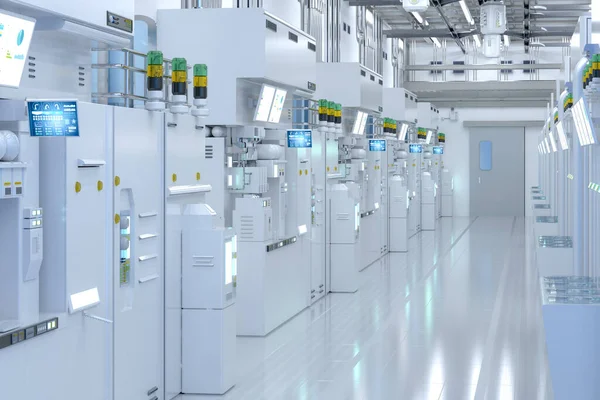 Rendering White Futuristic Semiconductor Manufacturing Factory Laboratory Interior Machine Computer — Stockfoto