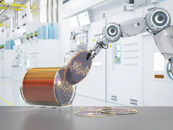 Fabricação Semicondutores Com Braços Robóticos Renderização Com Bolachas Silício — Fotografia de Stock