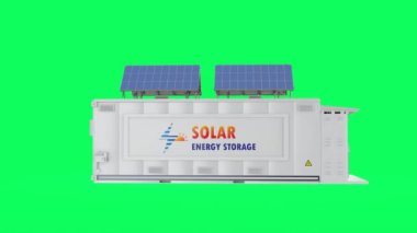 Solar energy storage system or battery container unit isolated on green screen 4k footage