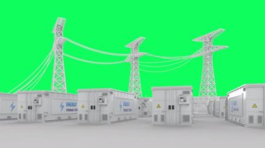 Energy storage system or battery container unit with white industry model or smart industrial estate park for infrastructure development 4k footage