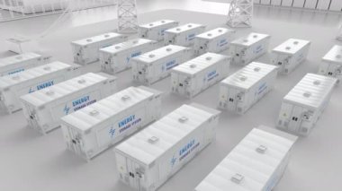 Energy storage system or battery container unit with white industry model or smart industrial estate park for infrastructure development 4k footage