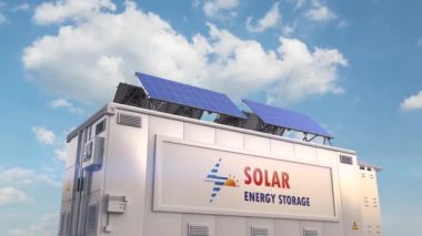 Solar energy storage system or battery container unit with blue sky background 4k footage