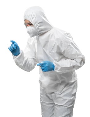 Worker wears medical protective suit or white coverall suit with mask and goggles look down isolated on white background
