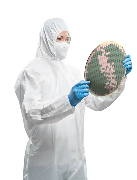 Worker Engineer Wears Medical Protective Suit White Coverall Suit Silicon — Stock Photo, Image