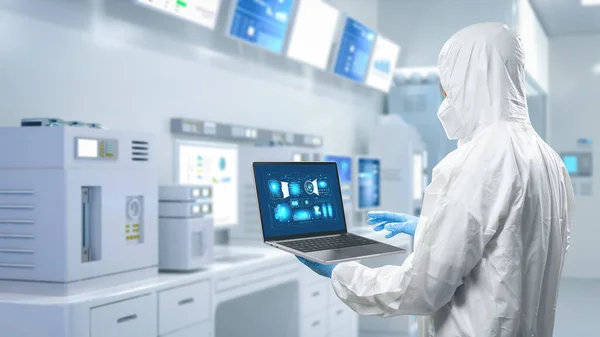Worker Engineer Wears Protective Suit White Coverall Suit Work Semiconductor — Foto Stock