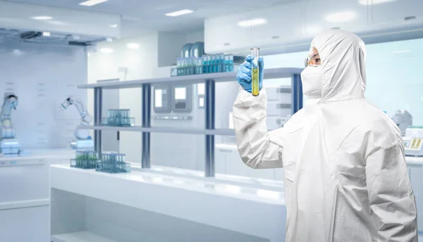 Worker Wears Medical Protective Suit White Coverall Suit Test Tube — Foto Stock