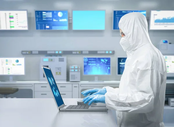 Worker Engineer Wears Protective Suit White Coverall Suit Work Semiconductor — Foto de Stock