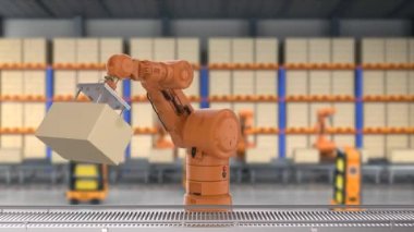 Robot silahları ve depo robotlarının 4k görüntüleriyle otomasyon fabrikası veya kargo konsepti