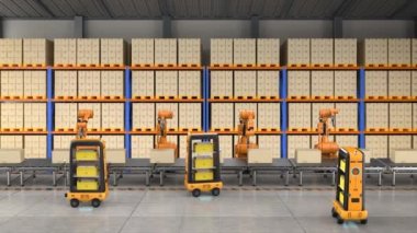 Robot silahları ve depo robotlarının 4k görüntüleriyle otomasyon fabrikası veya kargo konsepti