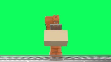 Robot assembly line with cardboard boxes isolated on green screen background 4k footage