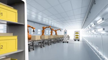 Automation factory or cargo concept with robot arms and warehouse robots 4k footage