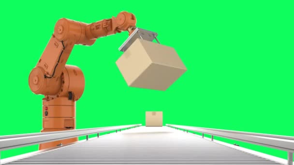 Robot Jalur Perakitan Dengan Kotak Kardus Diisolasi Pada Layar Hijau — Stok Video