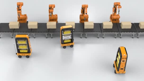Pabrik Otomatisasi Atau Konsep Kargo Dengan Senjata Robot Dan Robot — Stok Video