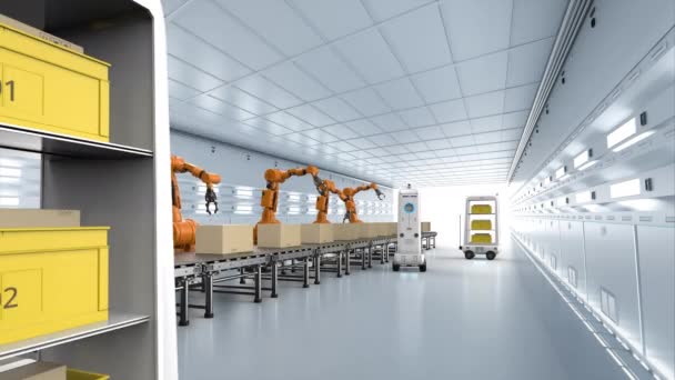Koncepcja Automatyzacji Fabryk Lub Ładunków Bronią Robotów Robotami Magazynowymi — Wideo stockowe