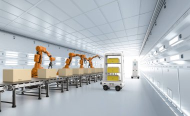 Otomasyon fabrikası veya kargo konsepti 3 boyutlu robot silahları ve depolama robotları
