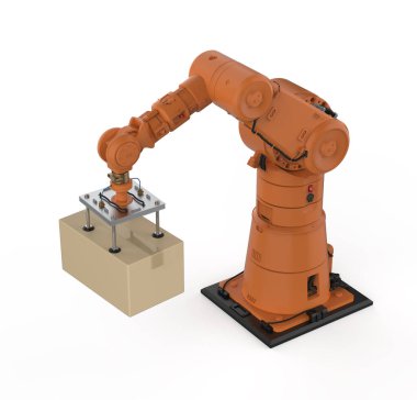 Otomasyon fabrikası ya da kargo konsepti. Depoda 3D çizilmiş robotik kol karton kutu taşıyor.