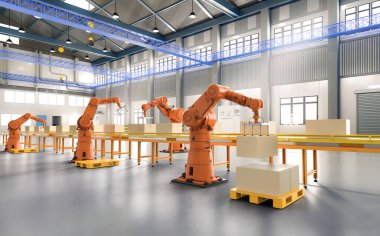 Otomasyon fabrikası veya kargo konsepti 3 boyutlu robot silahları ve depolama robotları