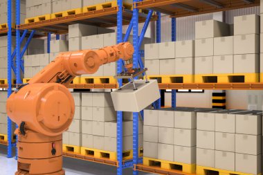 Otomasyon fabrikası ya da kargo konsepti. Depoda 3D çizilmiş robotik kol karton kutu taşıyor.