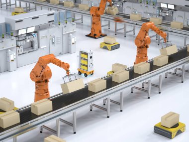 Otomasyon fabrikası veya kargo konsepti 3 boyutlu robot silahları ve depolama robotları