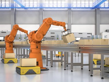 Otomasyon fabrikası veya kargo konsepti 3 boyutlu robot silahları ve depolama robotları