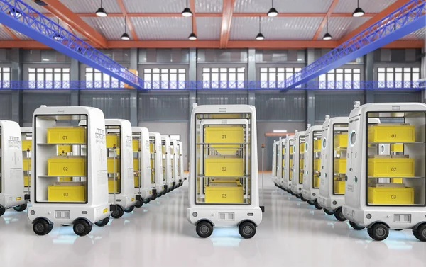 Rendeirng Grupo Robots Almacén Asistentes Robóticos Entregan Cajas — Foto de Stock