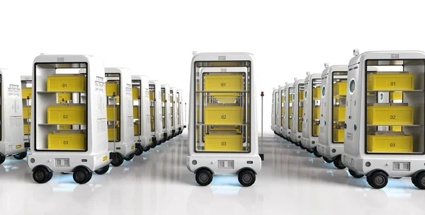 Rendeirng Gruppe Von Lagerrobotern Oder Roboterassistenten Liefern Boxen — Stockfoto