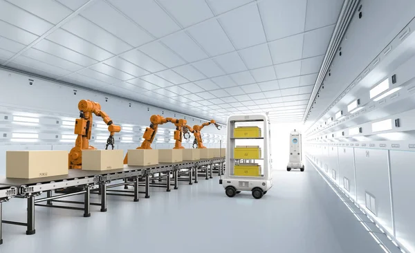 Fábrica Automatización Concepto Carga Con Brazos Robot Renderizado Robots Almacén — Foto de Stock