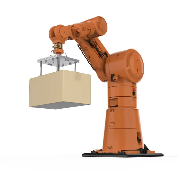 3Dレンダリングロボットアームを備えたオートメーション工場や貨物コンセプトは 倉庫に段ボール箱を運びます — ストック写真