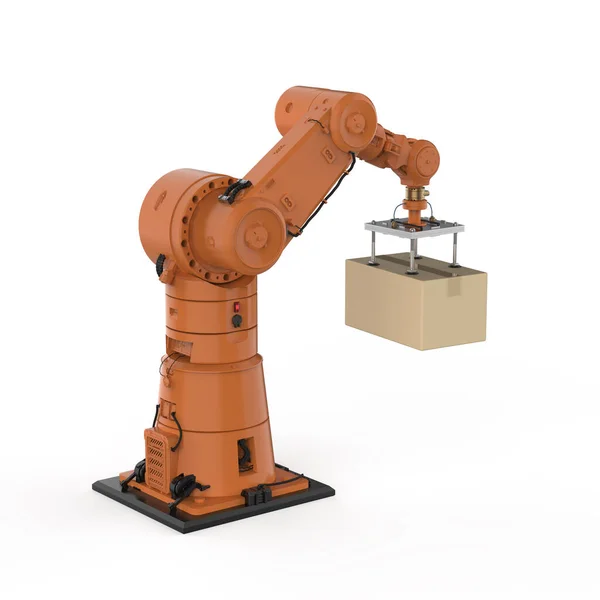 Αυτοματισμού Έννοια Εργοστάσιο Φορτίου Απόδοση Ρομποτικό Βραχίονα Μεταφέρουν Χαρτόνι Κουτί — Φωτογραφία Αρχείου