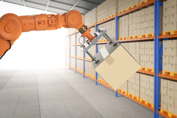 Automatizálási Gyár Vagy Rakomány Koncepció Renderelő Robotkaros Kartondobozzal Raktárban — Stock Fotó