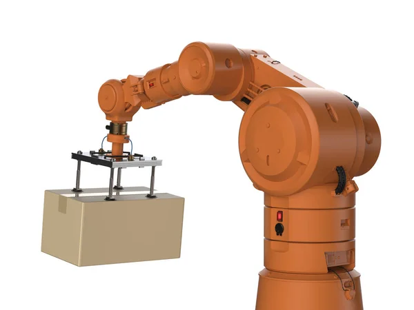 Automation Factory Cargo Concept Rendering Robot Arm Carry Cardboard Box — Stock fotografie