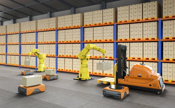 Автоматизація Заводської Або Вантажної Концепції Рендеринга Роботів Складських Роботів — стокове фото
