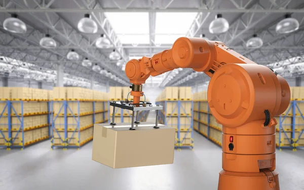 Automatisierungsfabrik Oder Frachtkonzept Mit Rendering Roboterarm Tragen Karton Lager — Stockfoto