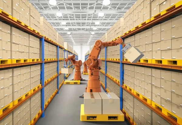 Automatisierungsfabrik Oder Frachtkonzept Mit Rendering Roboterarm Tragen Karton Lager — Stockfoto