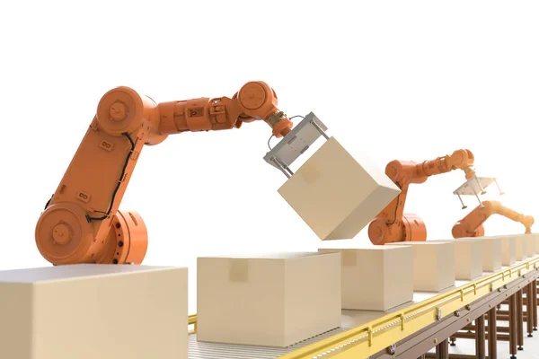 Koncepcja Fabryki Automatyki Renderowania Ramion Robotów Pudełkami Linii Transportowej Fabryce — Zdjęcie stockowe