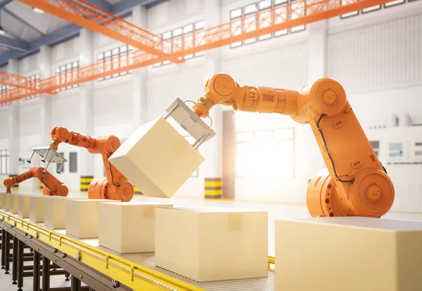 Conceptul Fabricii Automatizare Brațe Robotizate Cutii Linia Transportoare Fabrică — Fotografie, imagine de stoc
