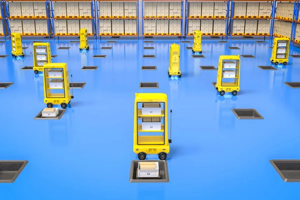 3Dレンダリング倉庫ロボットやロボットアシスタントは箱を配達します — ストック写真